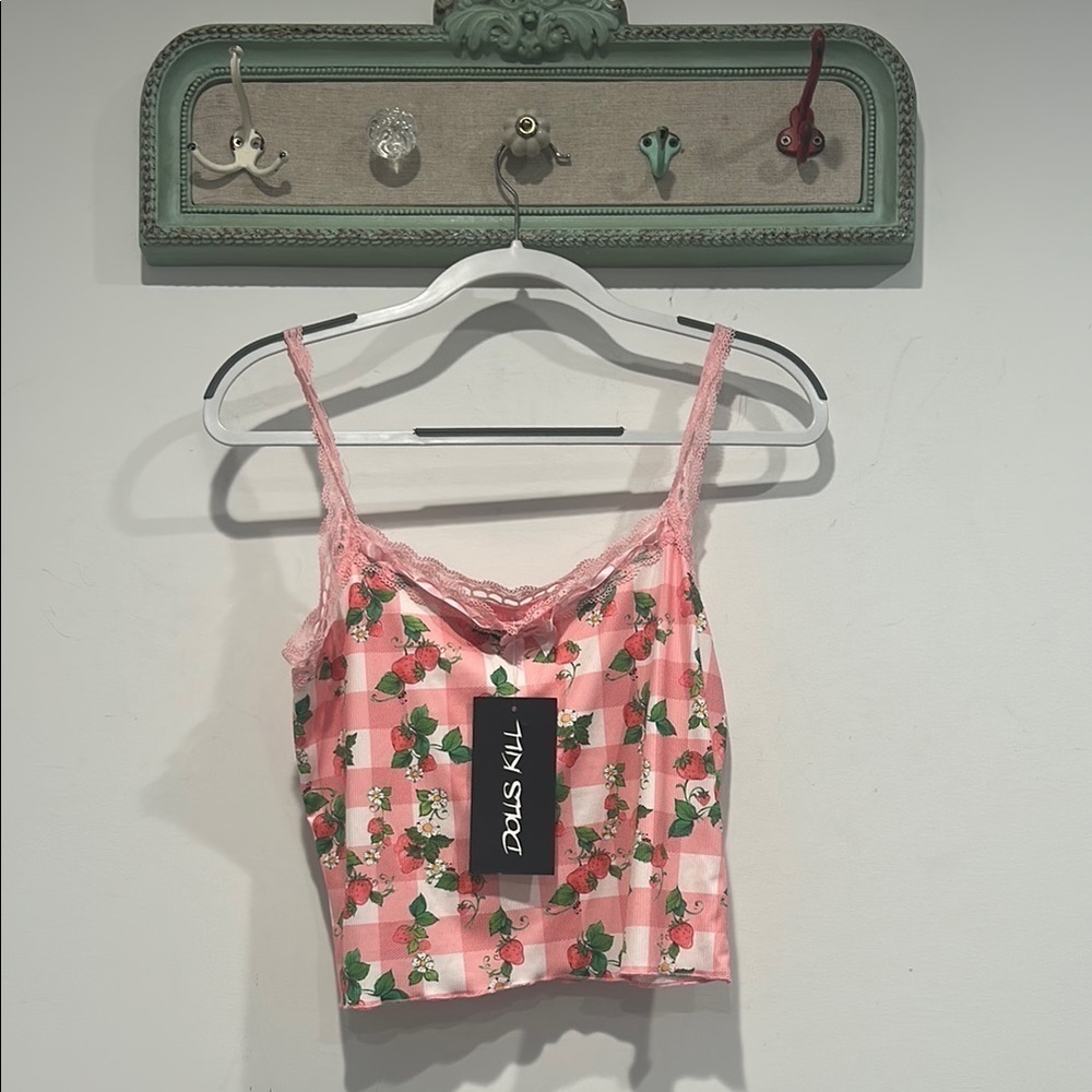 Dolls Kill strawberry short cake Pink Floral Lace Camisole tank top new women xl